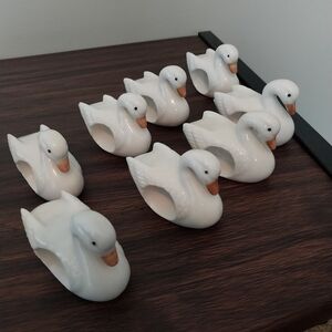 Set Of 8 Vintage White Porcelain Swan Napkin Rings